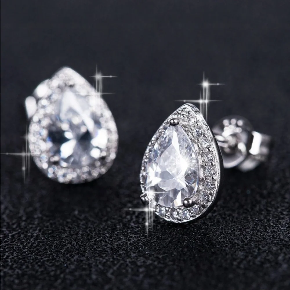 New Delicate Water Drop Diamond Beautiful Pear Stud Earrings for Women - Picture 4 of 8